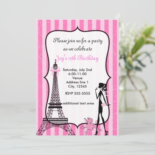 Dame à Paris Tour Eiffel Pink Poodle Invitation (Debout devant)