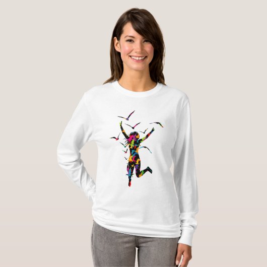 Dame arc-en-ciel avec oiseaux - T-shirt à manches  (Devant entier)