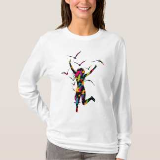 Dame arc-en-ciel avec oiseaux - T-shirt à manches