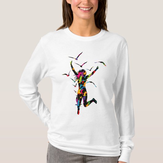 Dame arc-en-ciel avec oiseaux - T-shirt à manches  (Devant)
