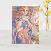 DAME AVEC CARTE DE SALUT D'ANNIVERSAIRE CHAT (Fleur jaune)