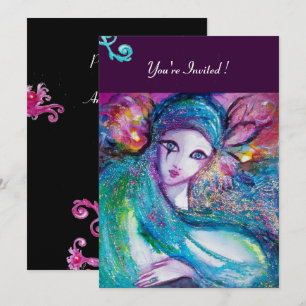 DAME BLAUWE MASKER Maskerade Feest, Roze Teal Zwar Kaart