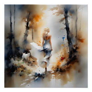 Dame die door een bos loopt perfect poster