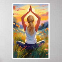 Dame doen Yoga in een veld bij zonsondergang Poste Poster