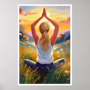Dame doen Yoga in een veld bij zonsondergang Poste Poster