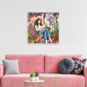 dame Drink koffie buiten ontspannen Canvas Afdruk