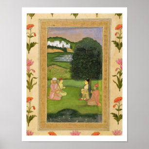 Dame en bediende die naar muziek luistert bij zons poster