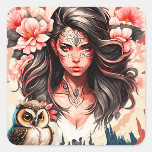 Dame en de uil vierkante sticker