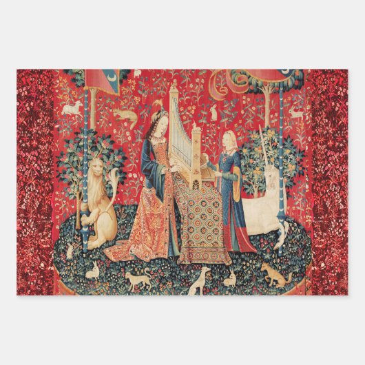 Dame en eenhoorn leeuw, bloemen, dieren middeleeuw inpakpapier vel (Voorkant 3)