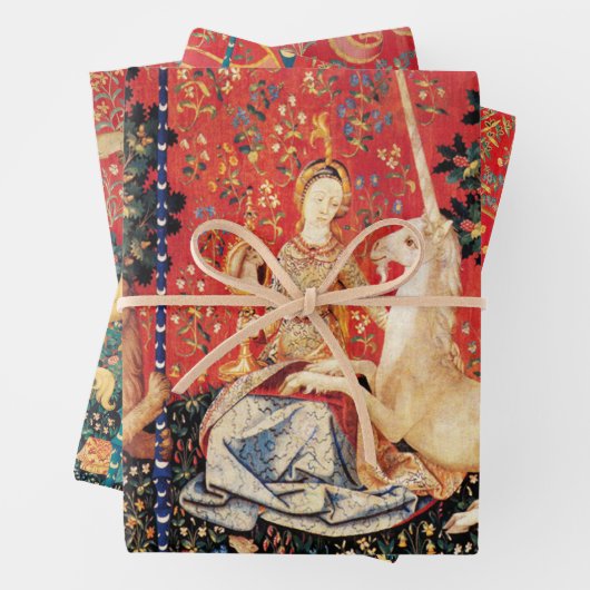 Dame en eenhoorn leeuw, bloemen, dieren middeleeuw inpakpapier vel (In situ)