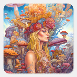Dame en paddenstoelen Surreal Fantasy Art Vierkante Sticker