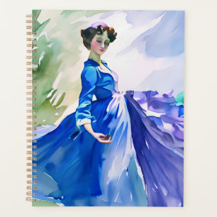 Dame en Robe Bleue - Peinture aquarelle