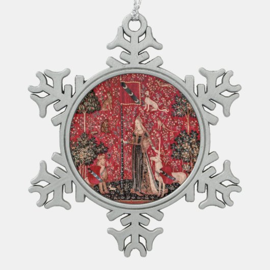 Dame en Unicorn Medieval Tapestry Touch Tin Sneeuwvlok Ornament (Voorkant)