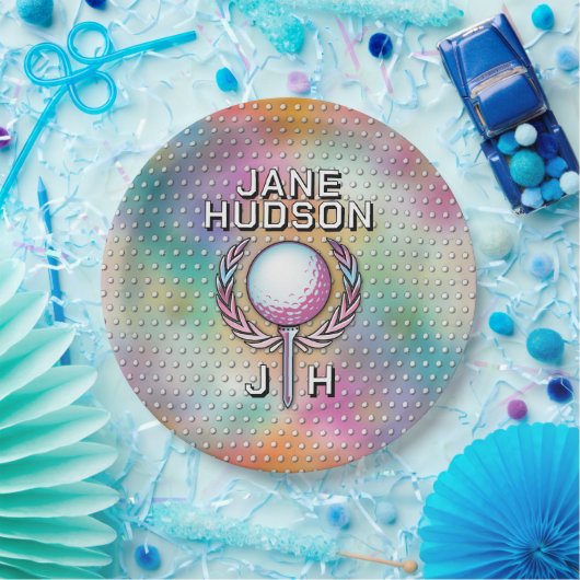 Dame golfer aangepaste monogram kleurontwerp papieren bordje (Feest)