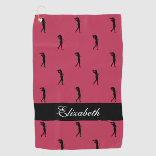 Dame Golfer Aangepaste Naam Patroon Magenta Zwart Golfhanddoek