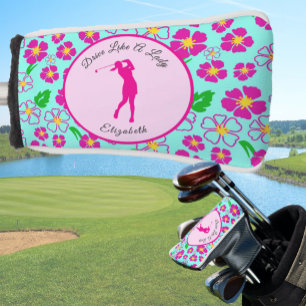 Dame Golfer Roze Aqua Preppy Aangepaste Naam Dames Golfheadcover