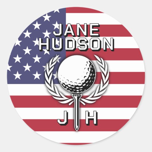Dame Golfspeler Patriottisch Monogram Ontwerp Ronde Sticker (Voorkant)