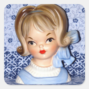  dame Head Vase Little Girl Blue Bow Vierkante Sticker