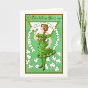 Dame Holding Shamrock Vintage St Patricks Dag Kaart