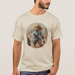 Dame in blauw pantser t-shirt