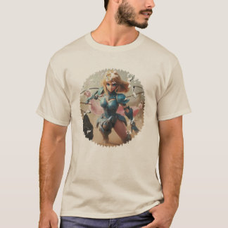 Dame in blauw pantser t-shirt