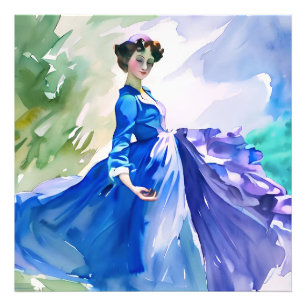 Dame in blauwe jurk - Aquarelschilderij Foto Afdruk