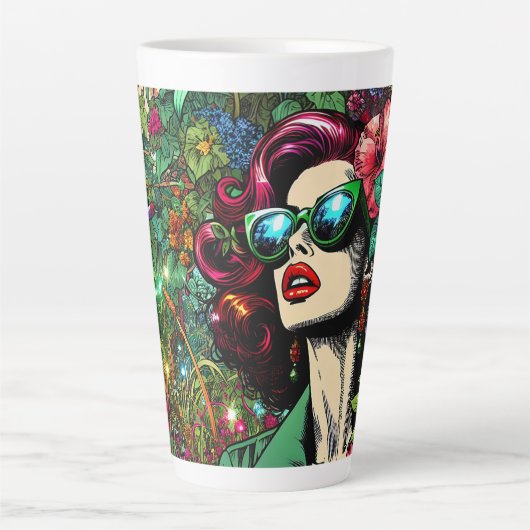  dame in bloementuin kleurrijk latte mok (Voorkant)