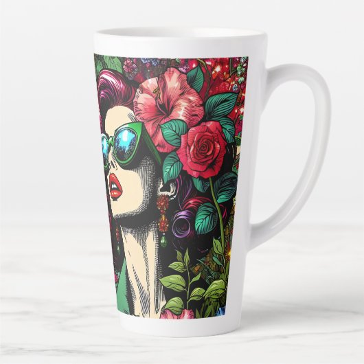 dame in bloementuin kleurrijk latte mok (Rechts)