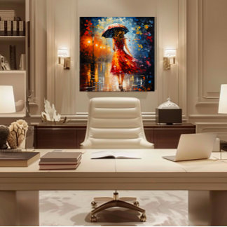 Dame in de regen canvas afdruk