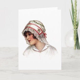 dame in Embroidery en Lace Bonnet Kaart