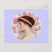 Dame in het klassieke dress met roze tulpen