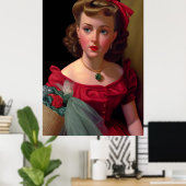  dame in het Rode Dress Roos Retro Poster (Thuiskantoor)