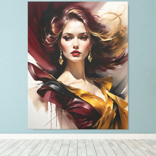 Dame in het rood 2 canvas afdruk (Insitu (Houten vloer))