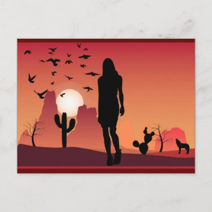 Dame in het woestijnlandschap Dieren silhouette Briefkaart