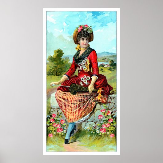 dame in Rode Parasolrode bloemen Poster (Voorkant)