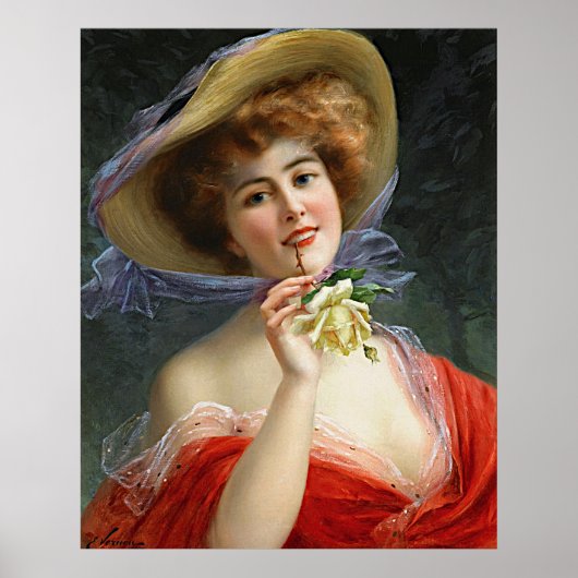  dame in rood met gele rozen poster (Voorkant)
