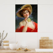  dame in rood met gele rozen poster (Keuken)