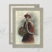 dame in sneeuw met kerstcadeautje feestdagenkaart (Voorkant / Achterkant)