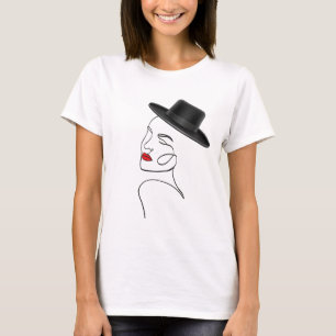 Dame in zwart Pet met rode lippen lijn kunst T-shirt