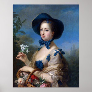  dame met blauw Pet en mandje bloemen Poster