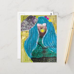 Dame Met Blauwe Haren Mixed Media Collage Briefkaart