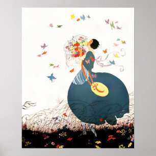 DAME MET BLOEMENBOeket EN VLINDERS Poster