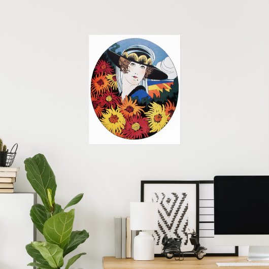 Dame met Chrysanthemum Bloemen Poster (Thuiskantoor)