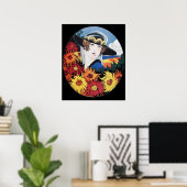 Dame met chrysanthemum bloemen, zwart poster (Thuiskantoor)