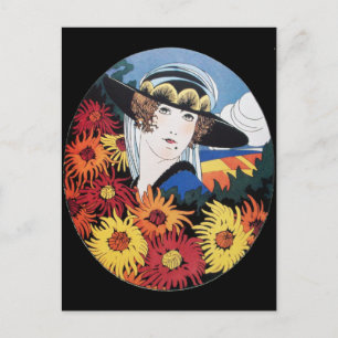 Dame met Chrysanthemum Flowers Briefkaart