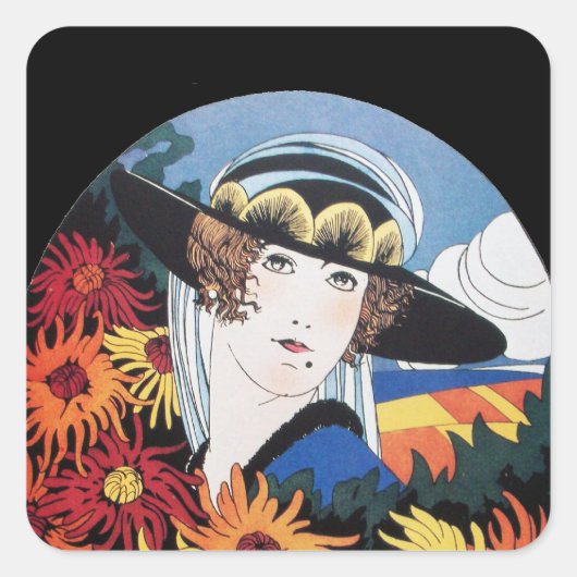 Dame met Chrysanthemum Flowers Vierkante Sticker (Voorkant)