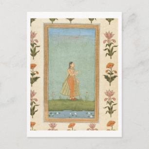 Dame met een bloem, staat in een lelasvijver, voor briefkaart