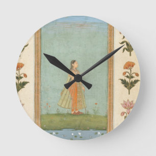 Dame met een bloem, staat in een lelasvijver, voor ronde klok