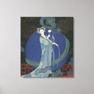 Dame met een draak (kleurenlitho) canvas afdruk
