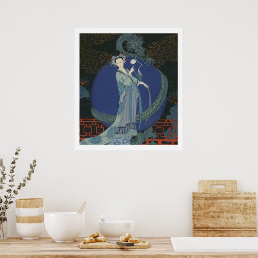 Dame met een draak (kleurenlitho) poster (Keuken)